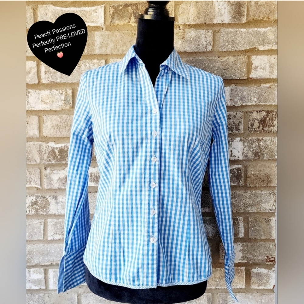 Willi Smith Blue & White Checkered Plaid Button Blouse with Contrast Piping